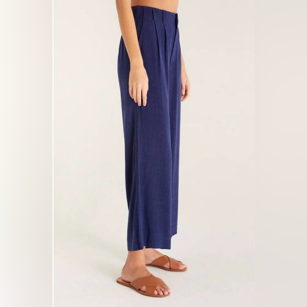 Z Supply NWT Navy High-Rise Wide Leg Pants Linen Blend Large Coastal Chic - Picture 3 of 13